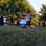 women performing yoga on green grass near trees